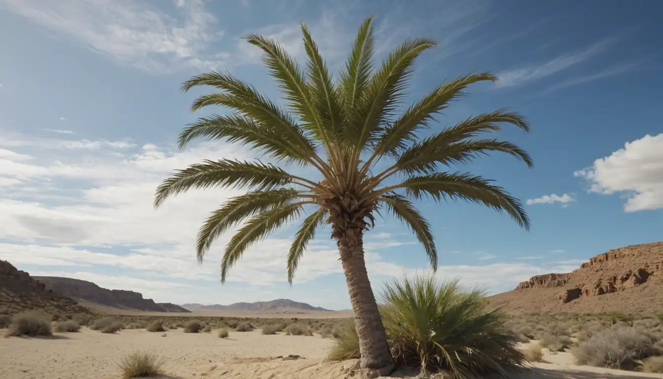 A large, majestic palm tree with feathery leaves, standing solo on a rocky outcropping in a sun-drenched desert landscape, with sandy dunes and scrubby bushes stretching into the distance, against a blue sky with scattered clouds