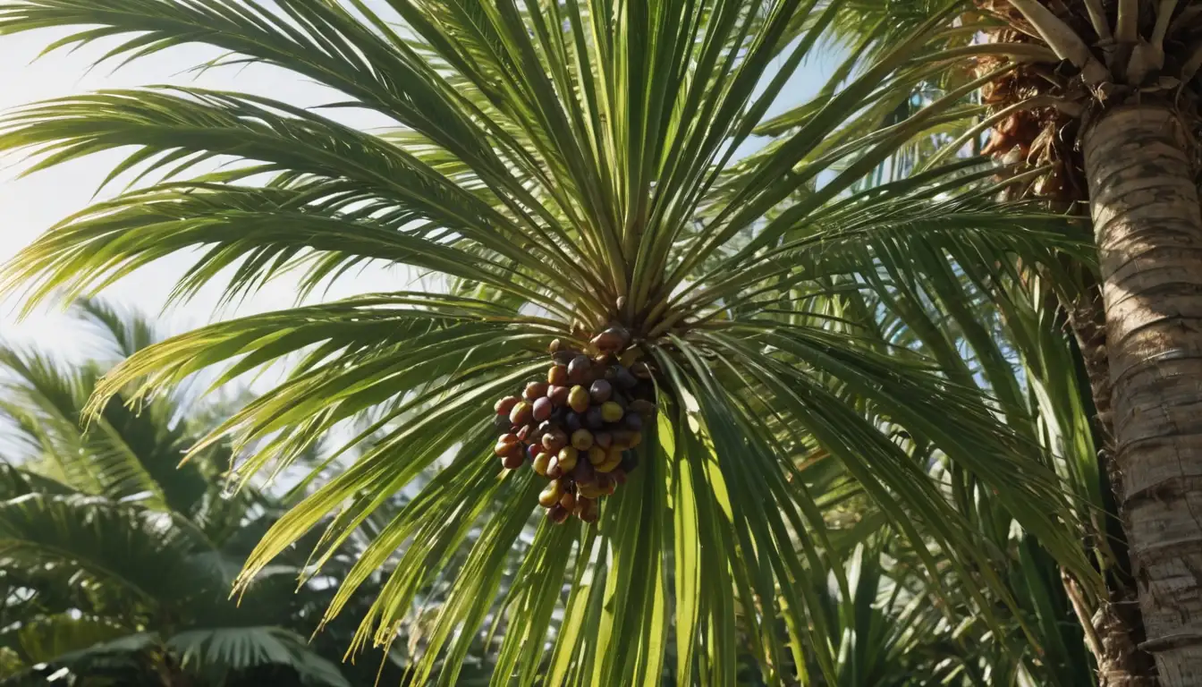 3D palm tree illustration with Australian Alexandra Palm features, close-up view of leaf structure, trunk texture, and fruit clusters, in natural colors, sunlit background, lush greenery surrounding