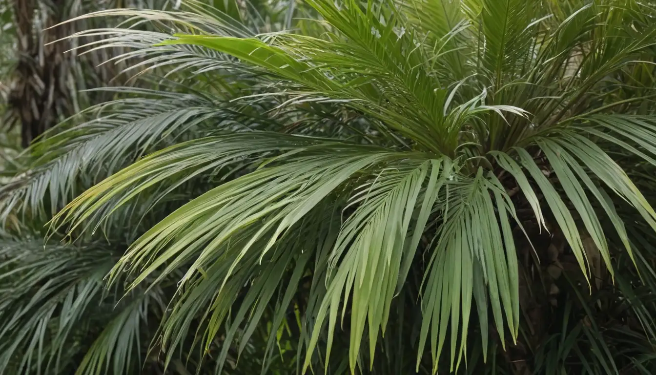Australian palm tree leaves with feathery fronds, delicate stem, greenish-yellow petioles, intricate branching patterns, lush foliage, natural habitat