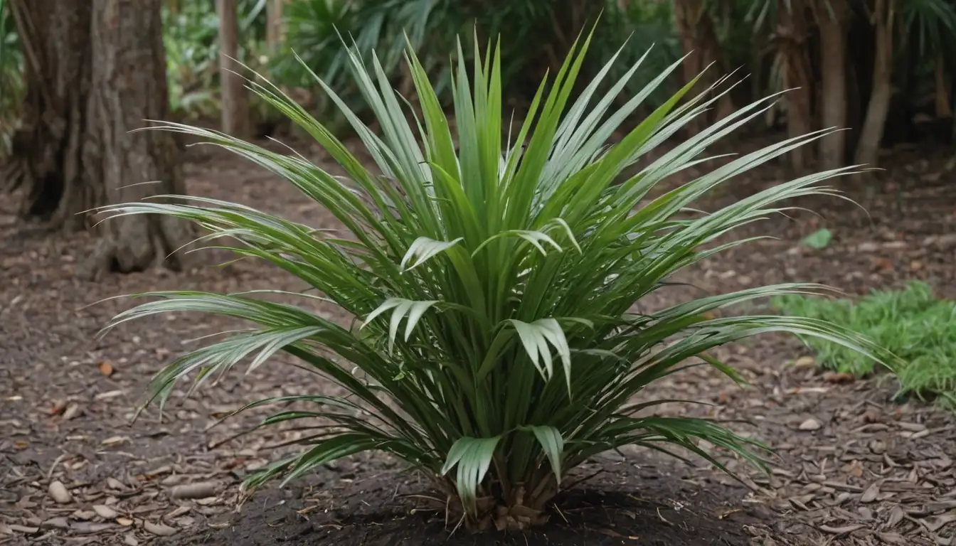 small palm tree, lush green fronds, brown trunk, smooth bark, no leaves at top, soil or rocky ground, natural setting