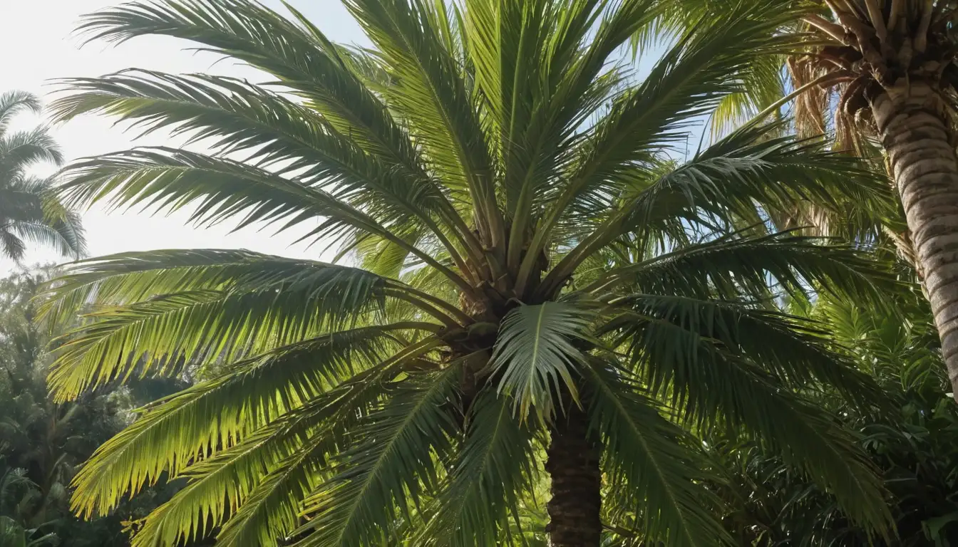 Mature palm tree with feathery leaves, short stature, trunk adorned with spines, tropical landscape, sunlight filtering through foliage, lush greenery surrounding, no background distractions