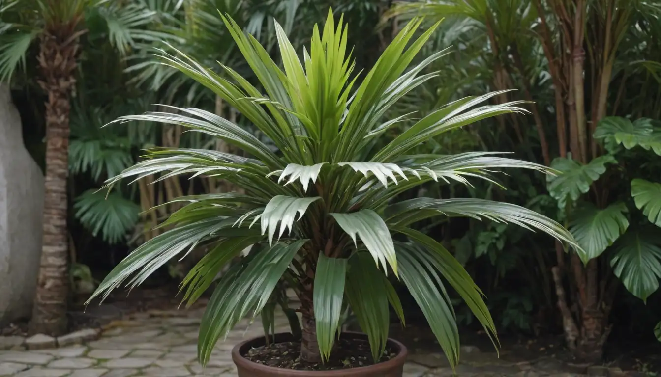 a small palm tree with fan-shaped leaves, trunk with brown and gray stripes, green crown, growing in pot or soil, possibly near water feature, surrounded by lush tropical environment