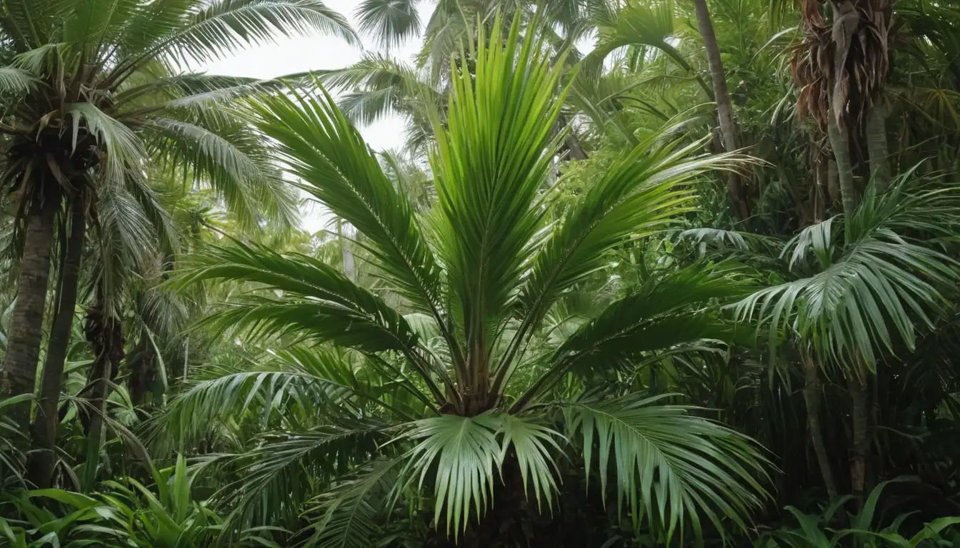 3-leafed palm, tropical atmosphere, lush greenery, open space, natural setting, fresh breeze blowing, clean air swirls, healthy plants thriving, vibrant colors, inviting scenery, serene ambiance