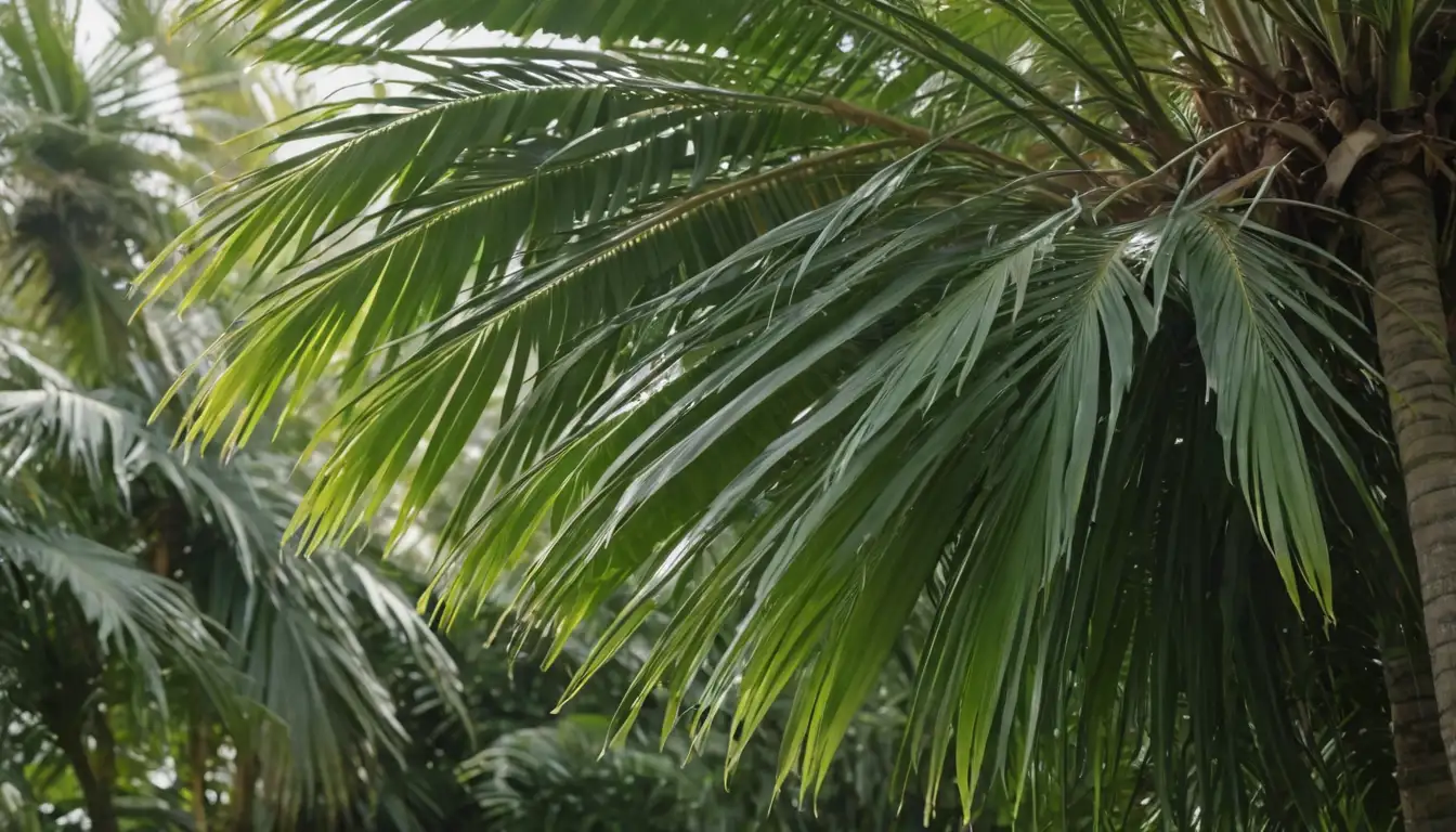 3-4 large Kentia palms with lush green fronds, some with gentle drooping, surrounded by soft blurred background, warm natural light casting subtle shadows, minimal distractions, focus on palm trees as main attraction