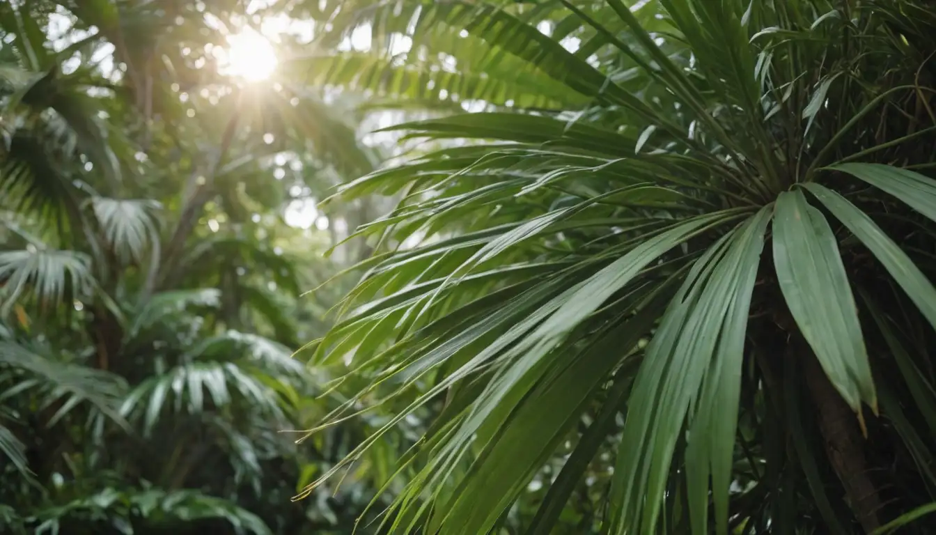 lush green leaves, palm fronds, tropical environment, warm light, soft focus, serene atmosphere, peaceful vibes, natural beauty, calming scenery, verdant foliage, delicate stems