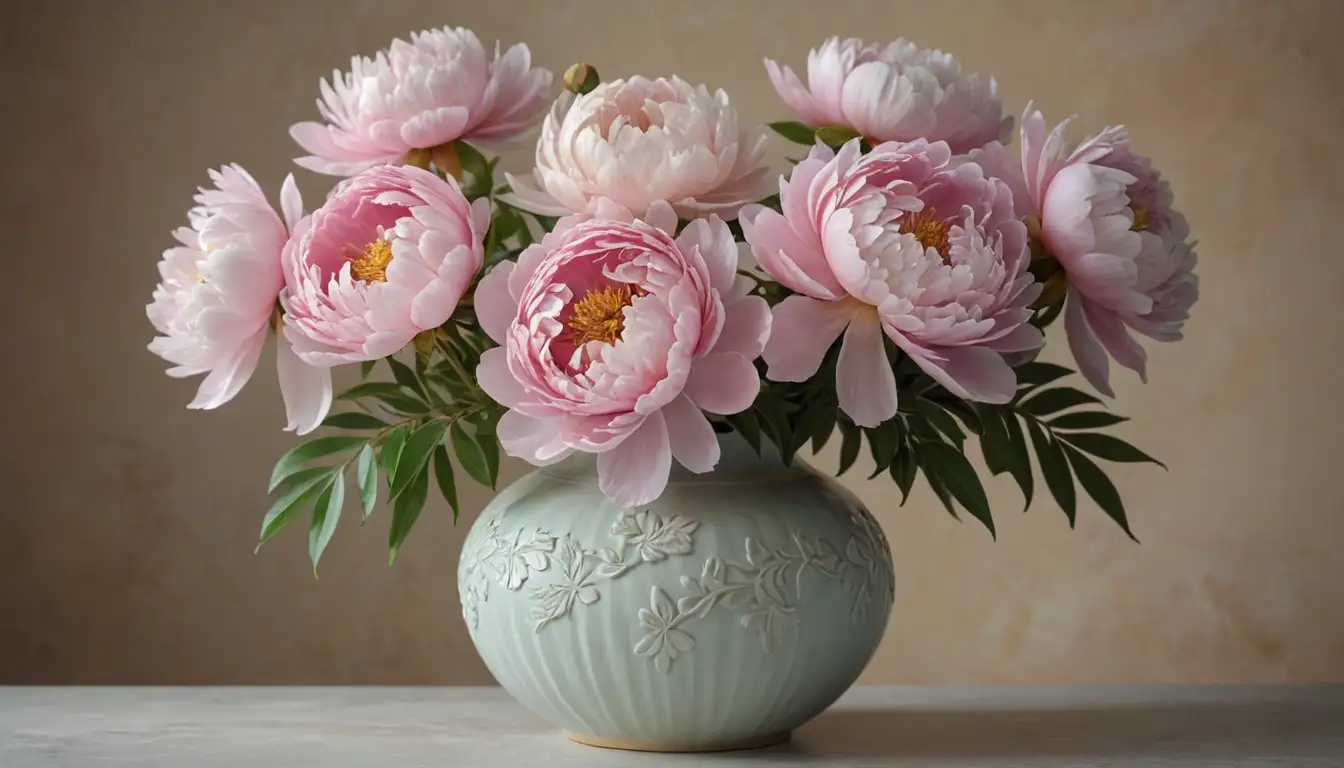 3D arrangement of peony flowers in a vase, soft pastel colors, delicate petals, gentle curves, subtle shadows, natural textures, serene atmosphere, ornate background, whimsical style