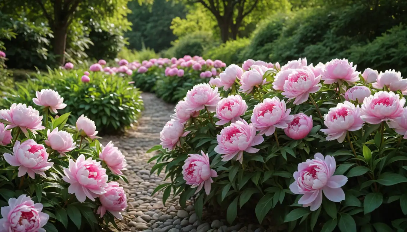 3-4 majestic peonies in full bloom, delicate pink petals unfolding, lush green foliage, soft sunlight casting gentle shadows, garden pathway or stones subtly framing the scene, natural beauty and tranquility evoked