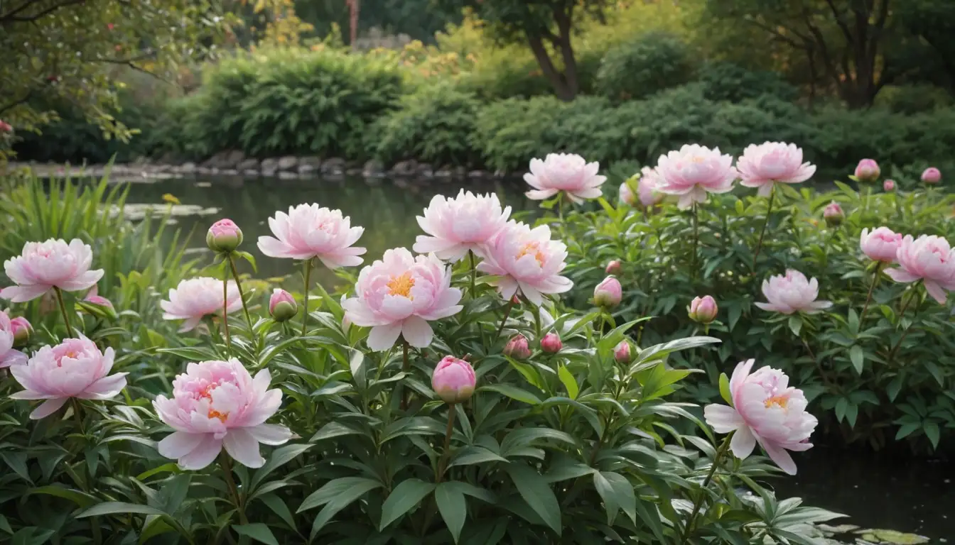 A lush garden setting, serene pond in background, peonies blooming in various colors, delicate stems and petals unfolding, green leaves rustling, subtle sunlight filtering through branches