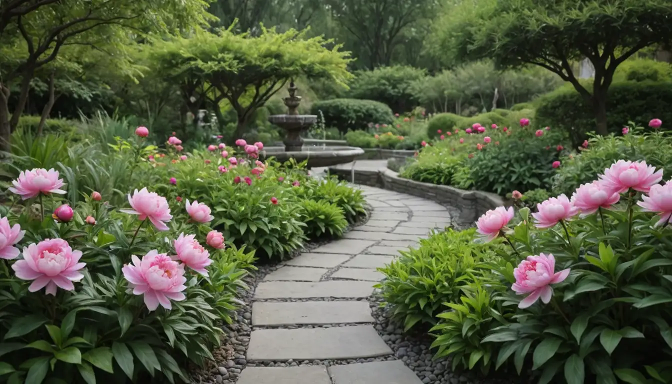 Beautiful garden scene with Peony China flowers blooming among other plants and garden elements, such as trees, bushes, stepping stones, water feature, or trellis
