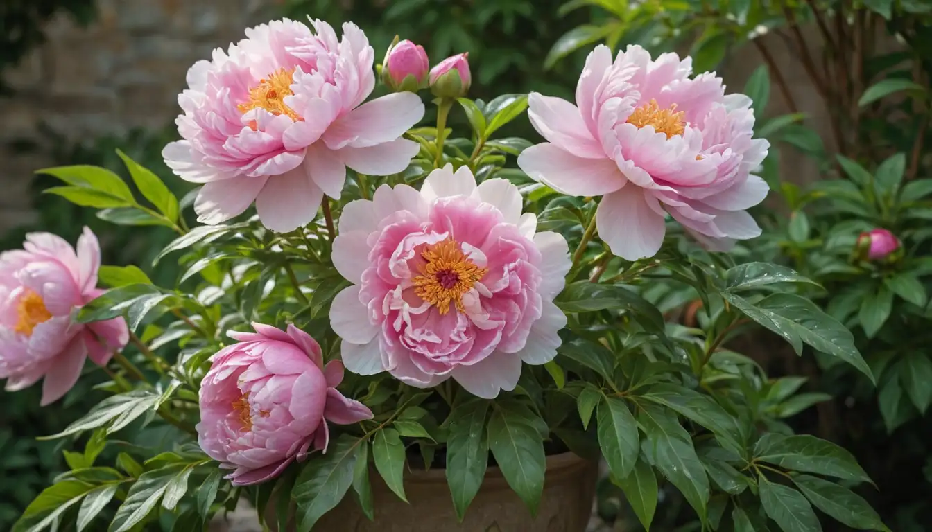 Vibrant peony blooms, delicate petals unfurled, lush green foliage, rustic garden stones, soft sunlight filtering through trellis, water droplets glistening on leaves, bouquet of flowers in vase