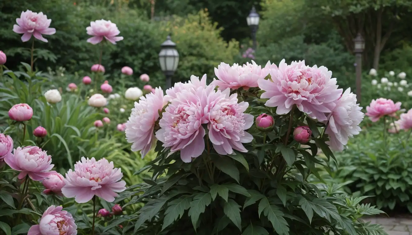 Flowers with large, showy petals in shades of pink, white, and purple, arranged in a lush garden setting, surrounded by greenery and possibly some decorative elements like vases or lanterns, featuring multiple peony varieties, such as Fernwood Red, Prairie Joy, and Pink Charm