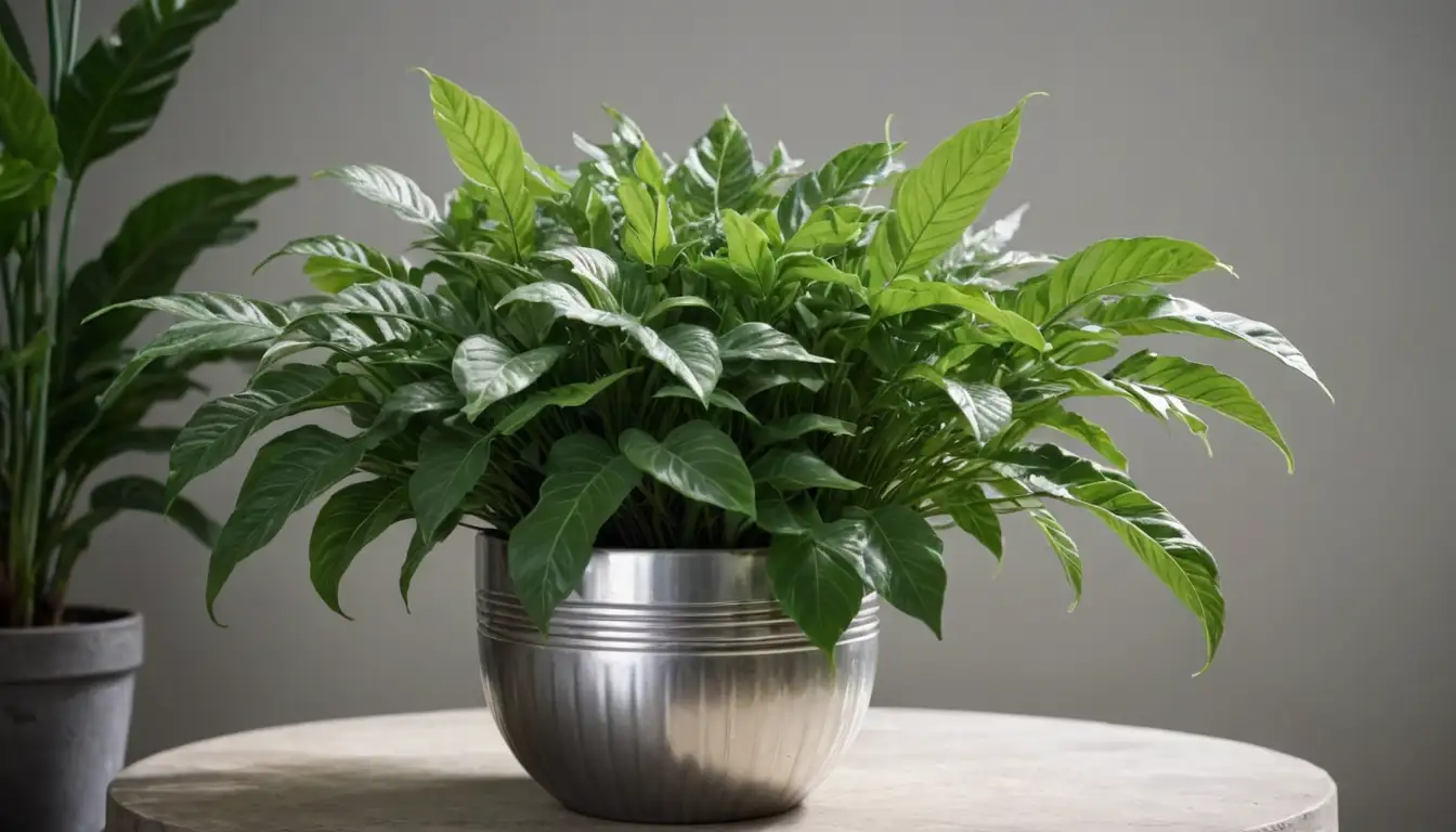 Lush green leaves with silver stripes, wavy stems, soil-covered pot, natural surroundings