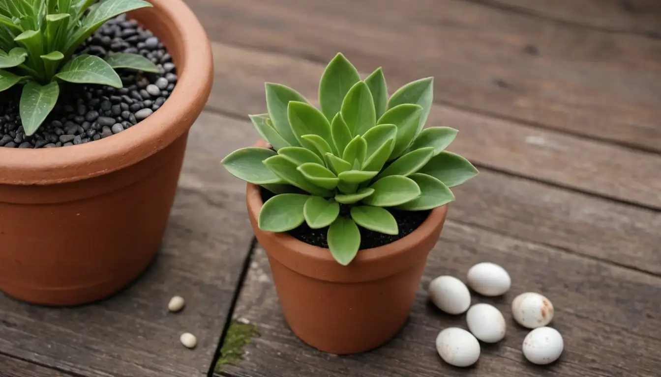 3-leafed plant with rounded tips, compact growth habit, terracotta pot, rustic wooden background, scattered pebbles, decorative shells, and a hint of green moss