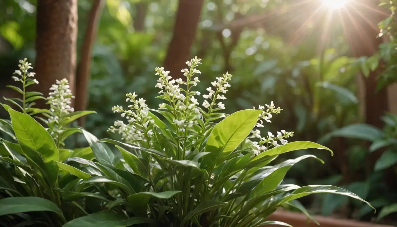 A serene, leafy zamioculca plant with bright sunlight shining down, warm tones, lush greenery, curved stems, tiny white flowers, natural texture, and a hint of terracotta or earthy background