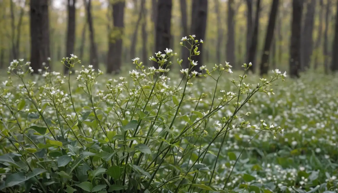 4-6 leaves with varying sizes, greenish-yellow color, smooth texture, a few long stems with small white flowers or leafless stalks