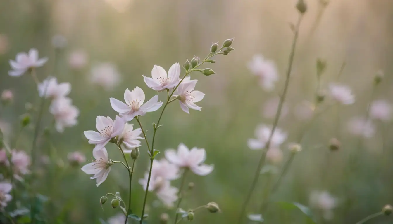 Delicate petals, wispy stems, soft colors, subtle sheen, misty background, blurred focus, soft light, gentle shadows, ethereal atmosphere, romantic tone, whimsical composition