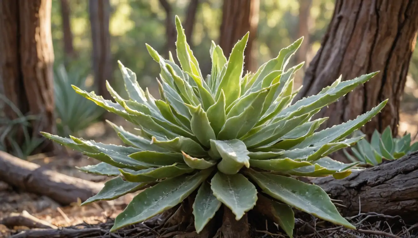 Large, succulent trunk-like stems, grey-brown bark, thick fleshy leaves, bright green on top, silvery-white underside, sprawling branches, dry desert-like background, warm golden light, slightly blurred focus