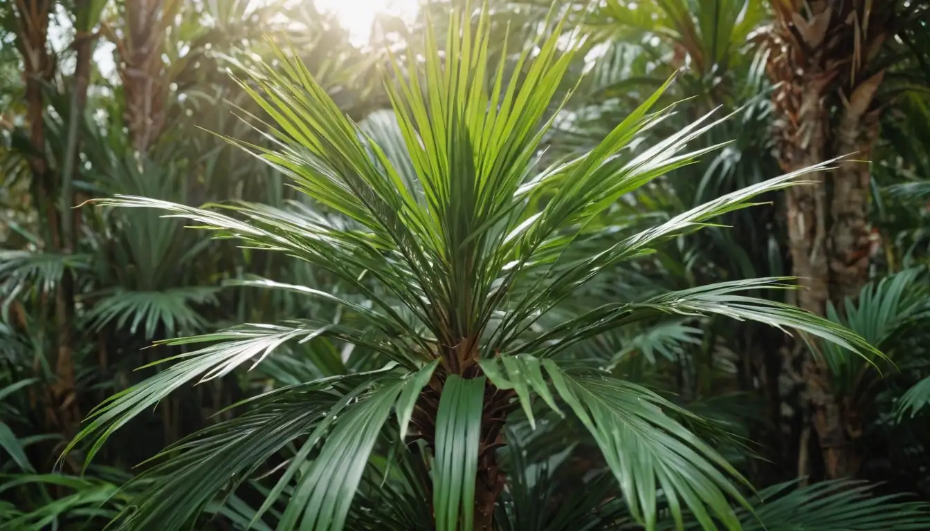 Small palm tree with metallic green leaves, close-up shot, stem in center, natural habitat, dense foliage, bright sunlight, lush plant life, tropical environment