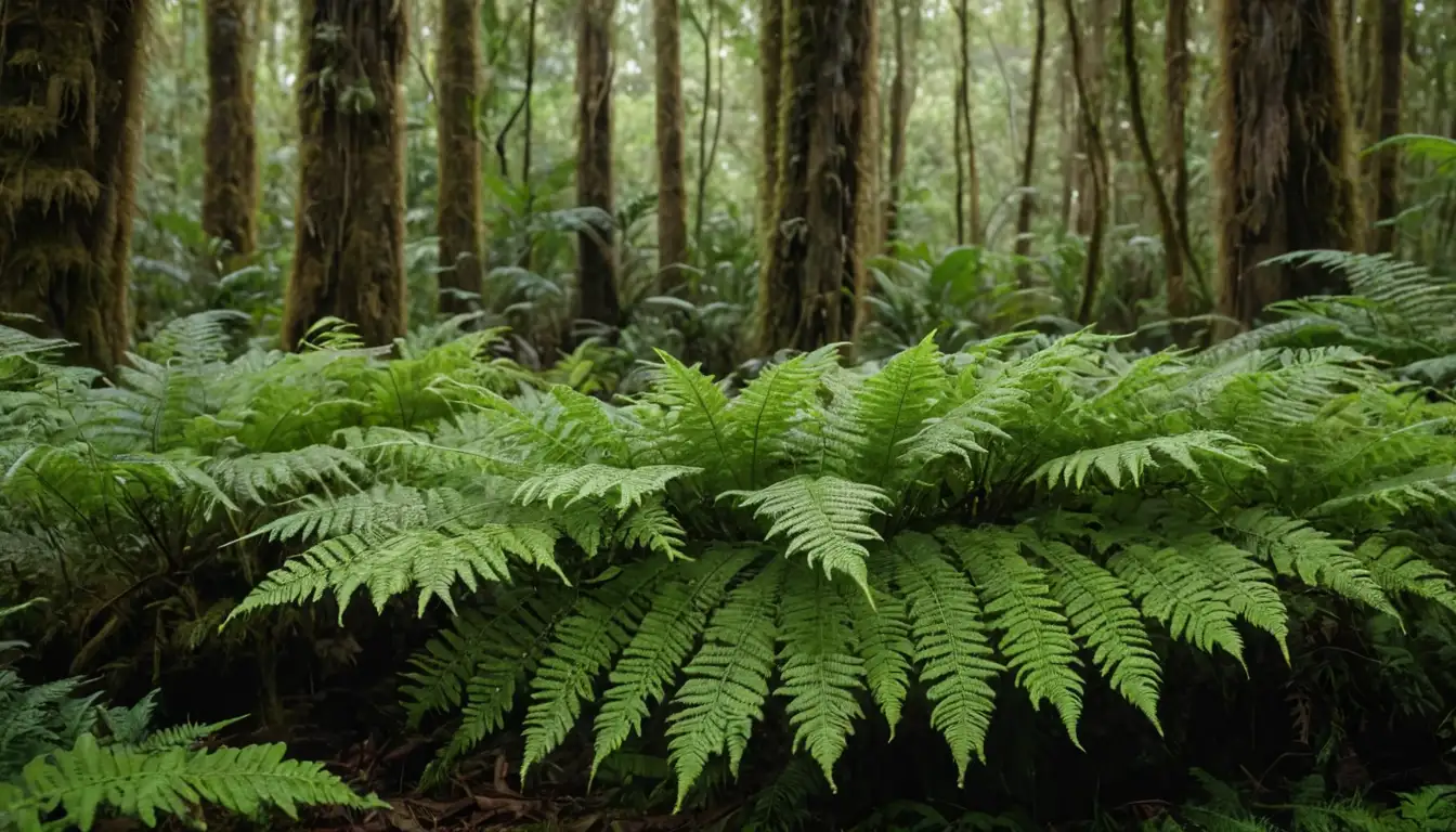 Close-up view of Brazilian Tree Fern fronds, lush green with yellow-green midrib, surrounded by leaf litter and moss-covered trunks, possibly with some exotic insects or small reptiles hiding among the foliage