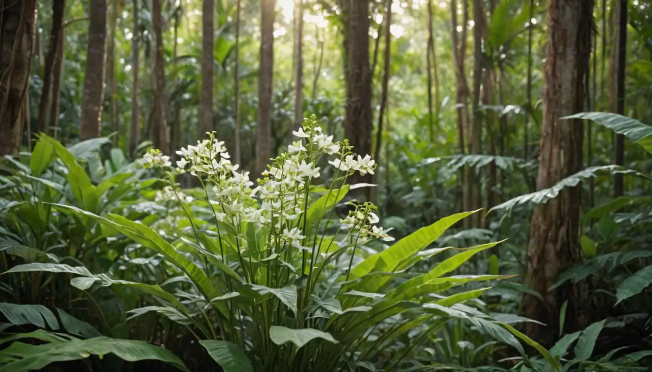 tall, slender stems, bright green leaves with yellow stripes, delicate white flowers, tropical jungle or savannah setting, warm sunlight filtering through, lush foliage surrounding