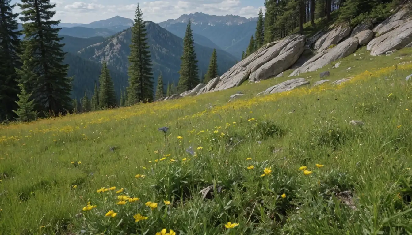 Mountainside meadow, green grass, rocky outcroppings, yellow wildflowers, tall trees, scattered Senecio plants with woolly leaves and bright yellow flowers