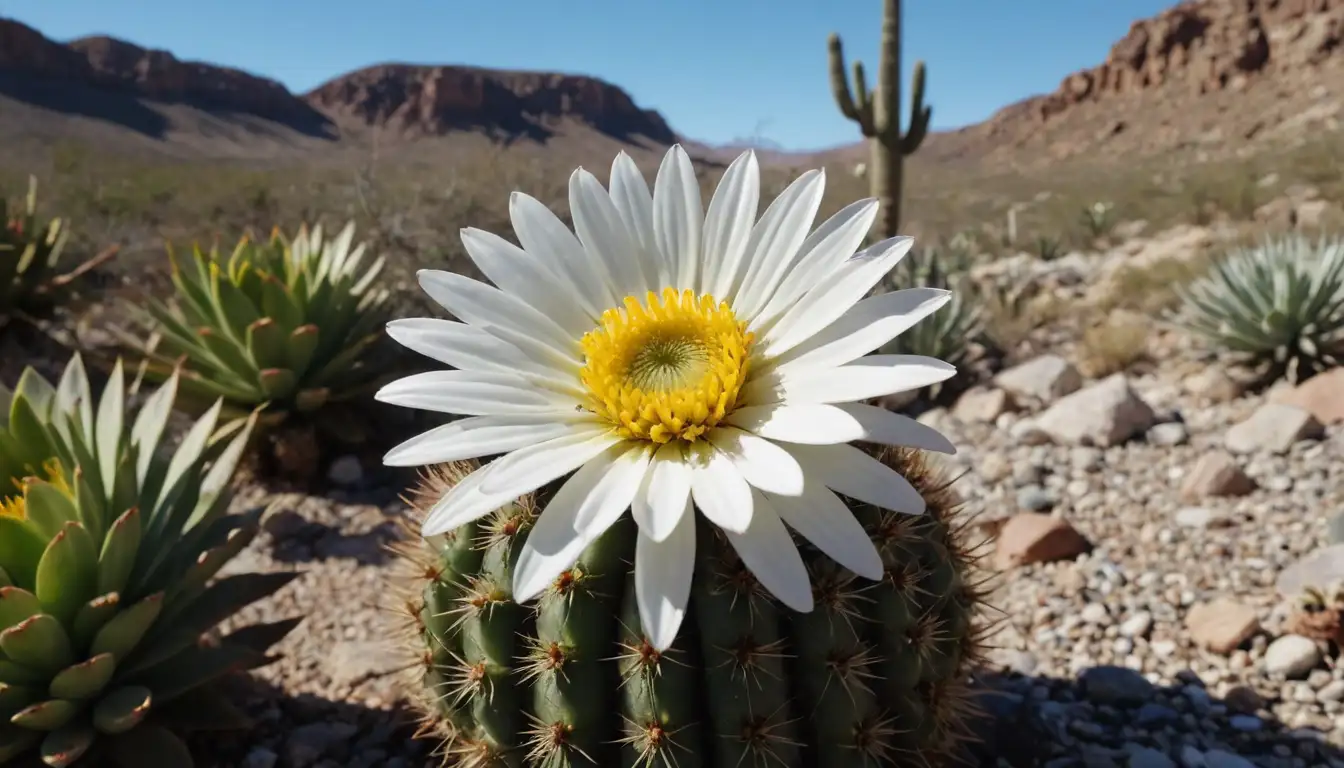 A yellow-centered daisy-like flower with white petals, growing among dry rocky terrain, surrounded by cacti and succulents, under a blue sunny sky, with a hint of dusty landscape in the background