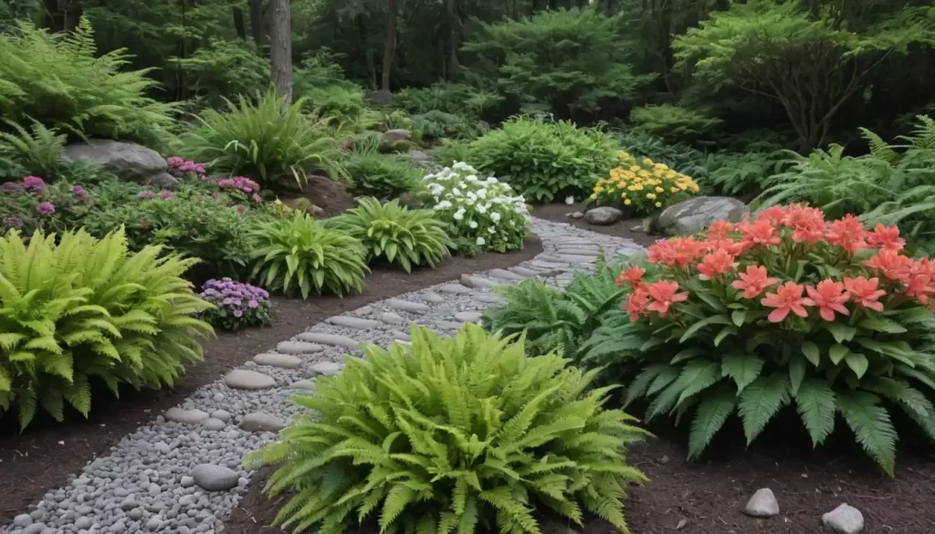 A lush green garden with a variety of acid-loving plants such as azalea