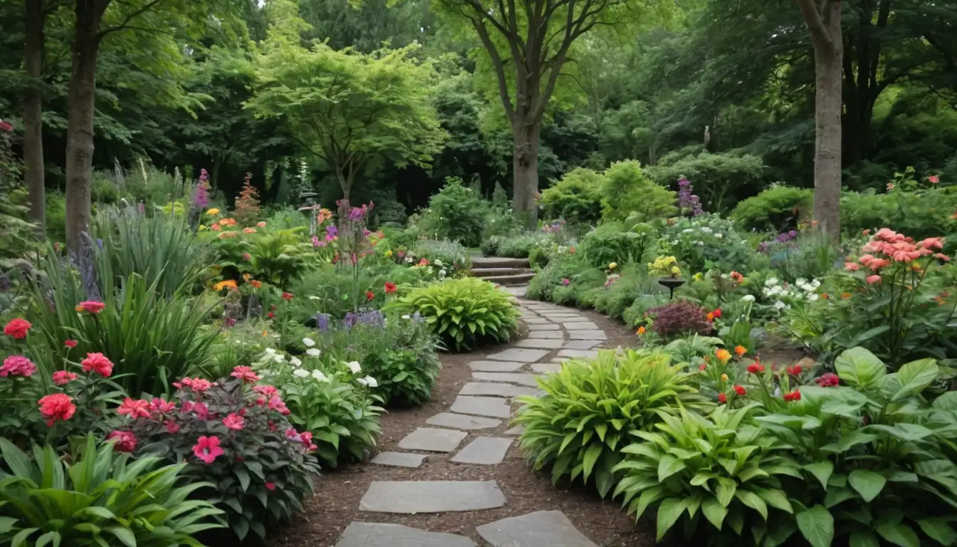 A lush garden with vibrant flowers and foliage surrounded by trees, soil texture varying from acidic to neutral, diverse plant species thriving in harmony, natural stones, possibly a few gardening tools, overall a serene and inviting atmosphere