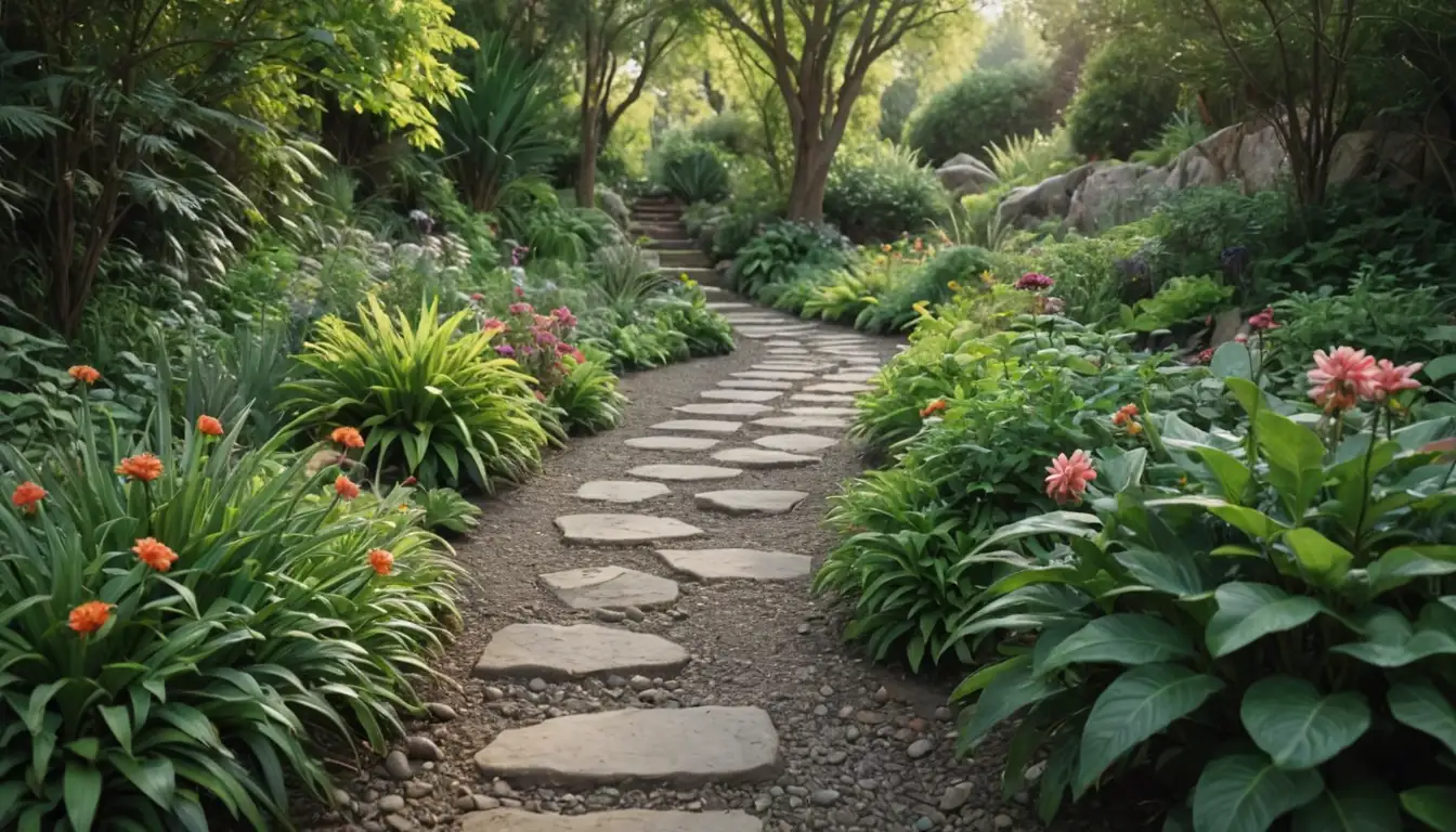 Vibrant flowers, lush green foliage, soil with neutral tone, rocks, garden pathway, sun-kissed plants, diverse plant species, natural setting