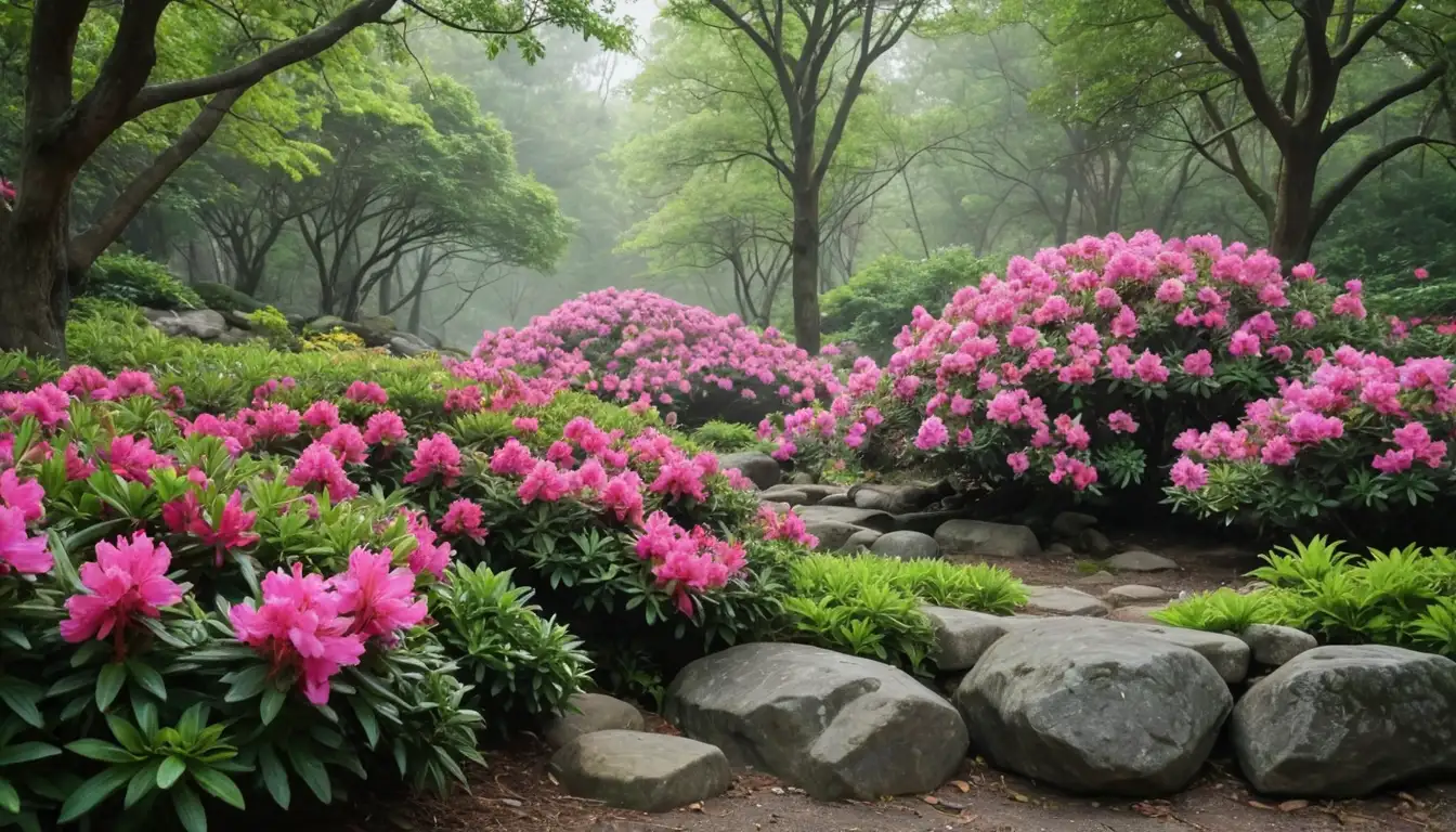 vibrant colors, blooming flowers, azalea or rhododendron bushes, lush foliage, acidic or neutral soil background, garden setting with rocks or stones, sunlight or gentle mist, greenery and blooms intertwined, natural scenery