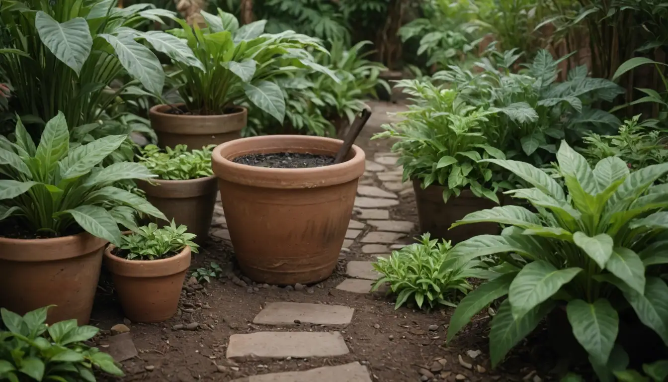 Soils, greenery, lush plants, mixed earth tones, terracotta pots, gardening tools, garden paths, soil layers, plant roots, leafy foliage, stones, water droplets, gentle slopes, and natural textures