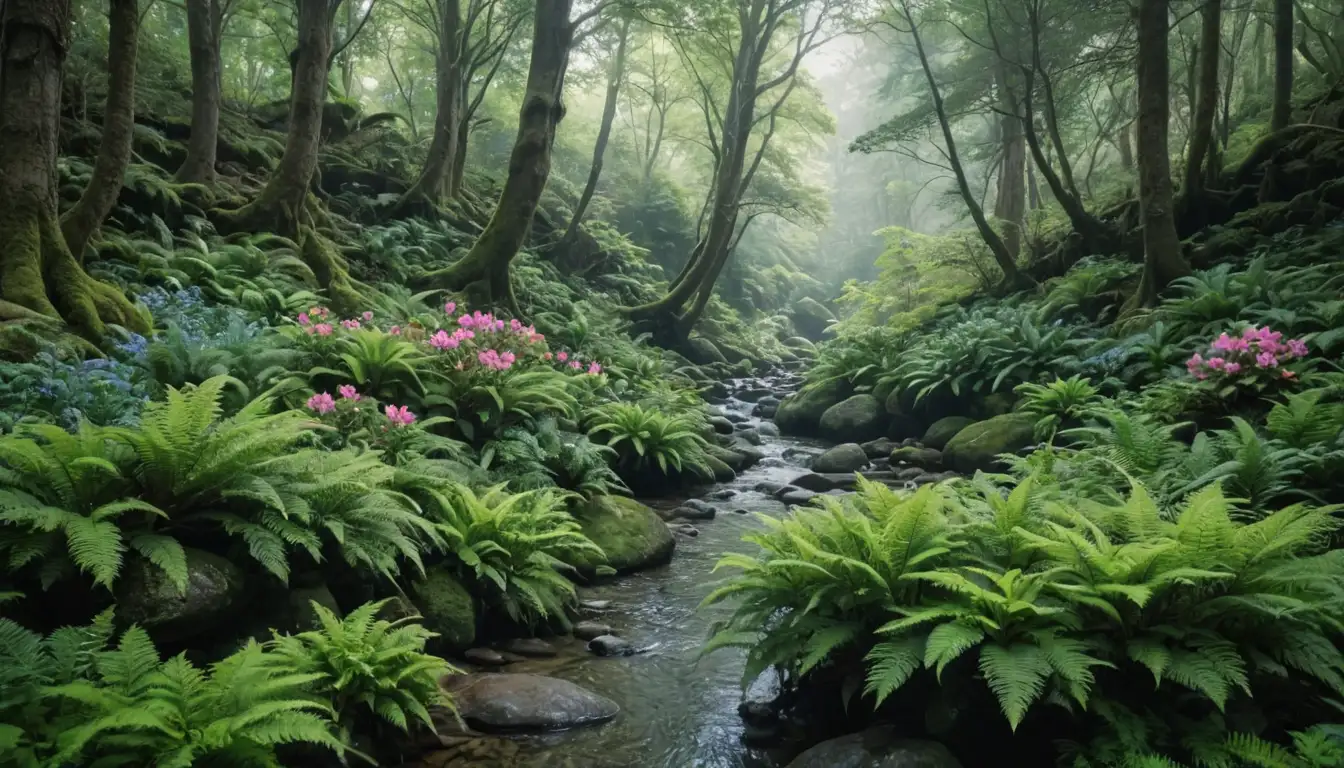 A vibrant garden with diverse acid-loving plants like azaleas, rhododendrons and ferns surrounded by moss-covered rocks, a babbling brook, and a misty atmosphere, featuring lush greenery in various shades of blue-green hues, with sunlight filtering through the foliage