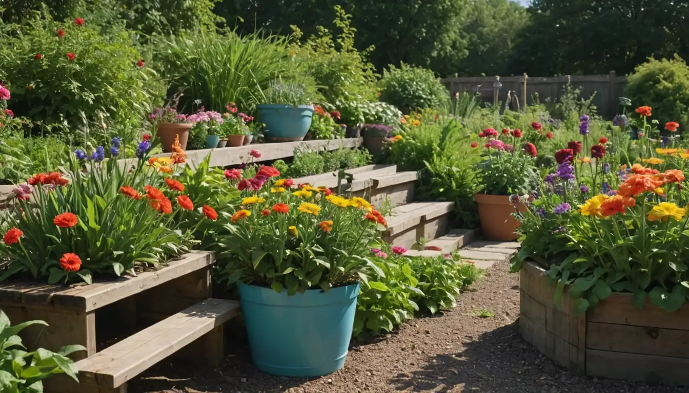 Vibrant flowers, lush foliage, diverse plant species, natural background, soil layers, compost piles, gardening tools, garden benches, colorful pots, and a sunny sky