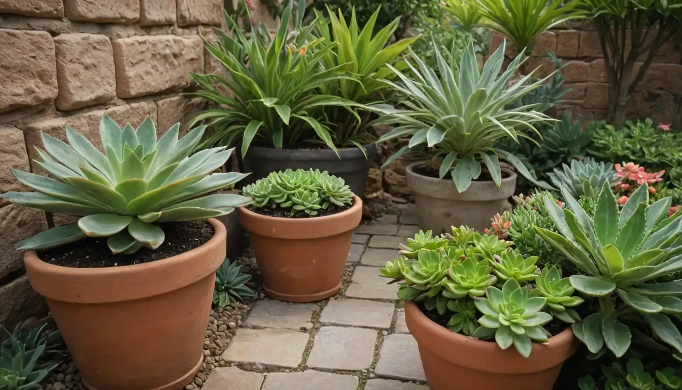 Vibrant green blades, lush foliage, diverse plant species, terracotta pots, garden stones, natural stone walls, verdant backgrounds, potted succulents, acid-rich soil, neutral-toned rocks, blooming flowers, earthy textures, sunny skies, serene landscapes