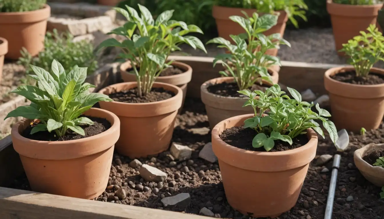 garden beds, soil samples, acid and neutral soil colors, plants with different growth rates, soil texture, terracotta pots, greenery, a sunny background, gardening tools, a few rocks or stones
