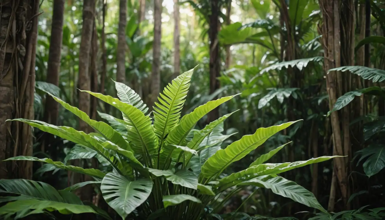 Bright green leaves, long and narrow, upright stems, flower spikes, tropical environment, lush foliage, warm lighting