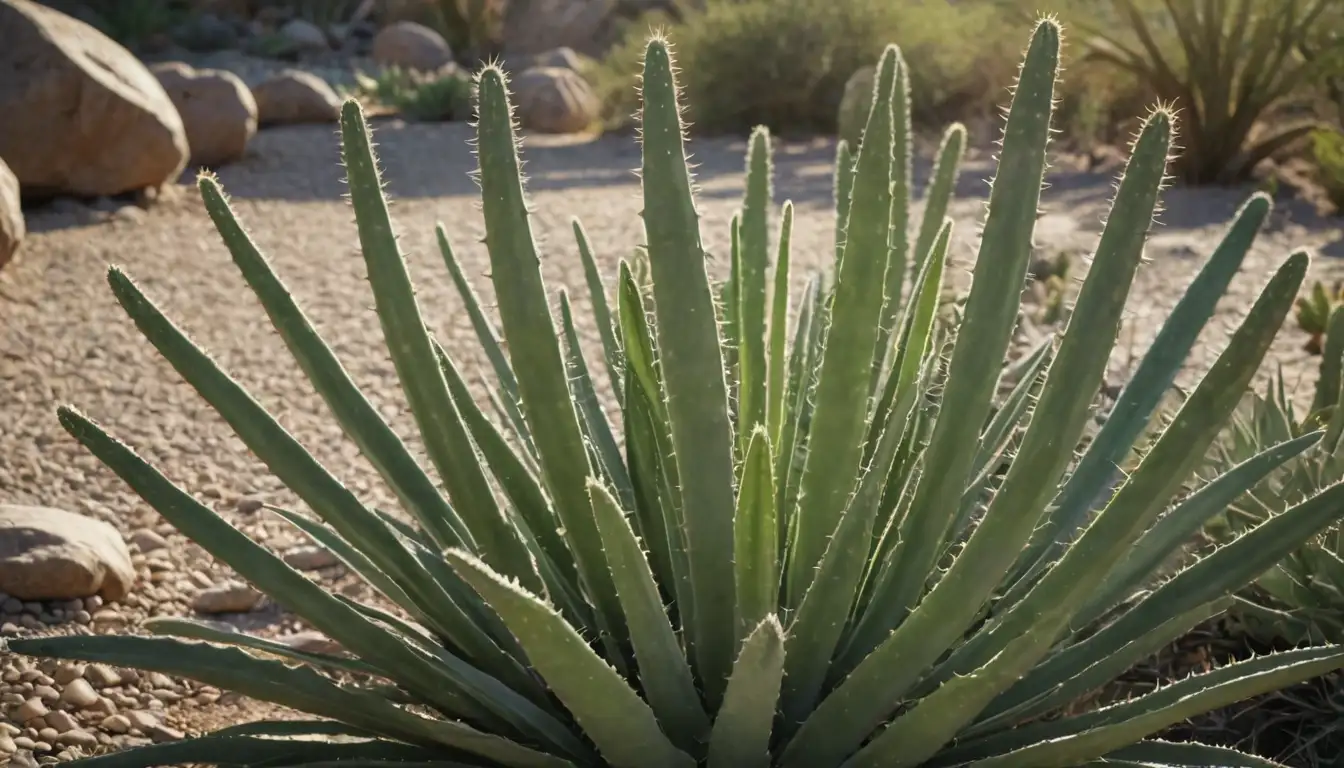 Hesperaloe parviflora plant with long, thin leaves, light green color, wavy edges, and slender stems, possibly near a rocky or desert landscape with cacti and succulent plants, morning sunlight with soft shadows