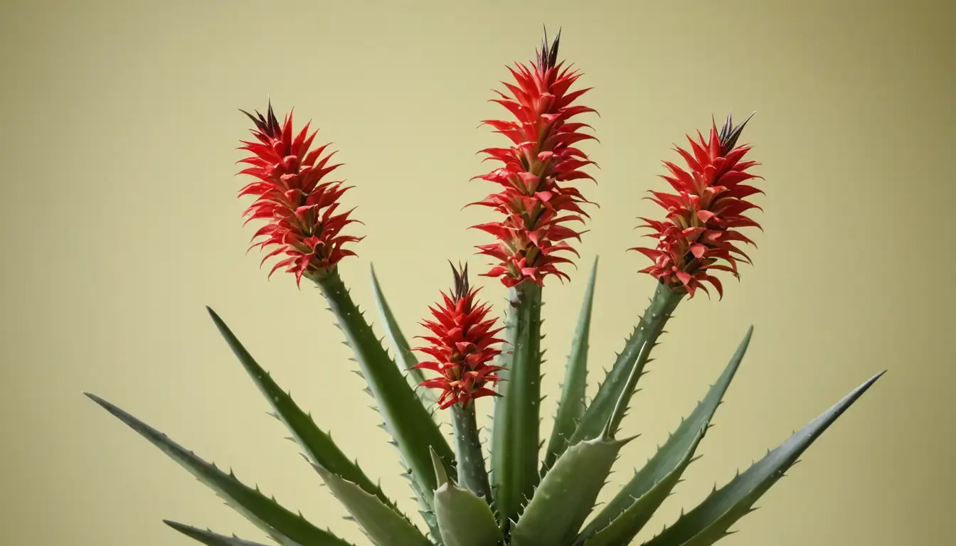 3D aloe candelabrum plant with thick white fleshy leaves, red tubular flowers in clusters, and short stems, on a greenish-yellow background with subtle texture