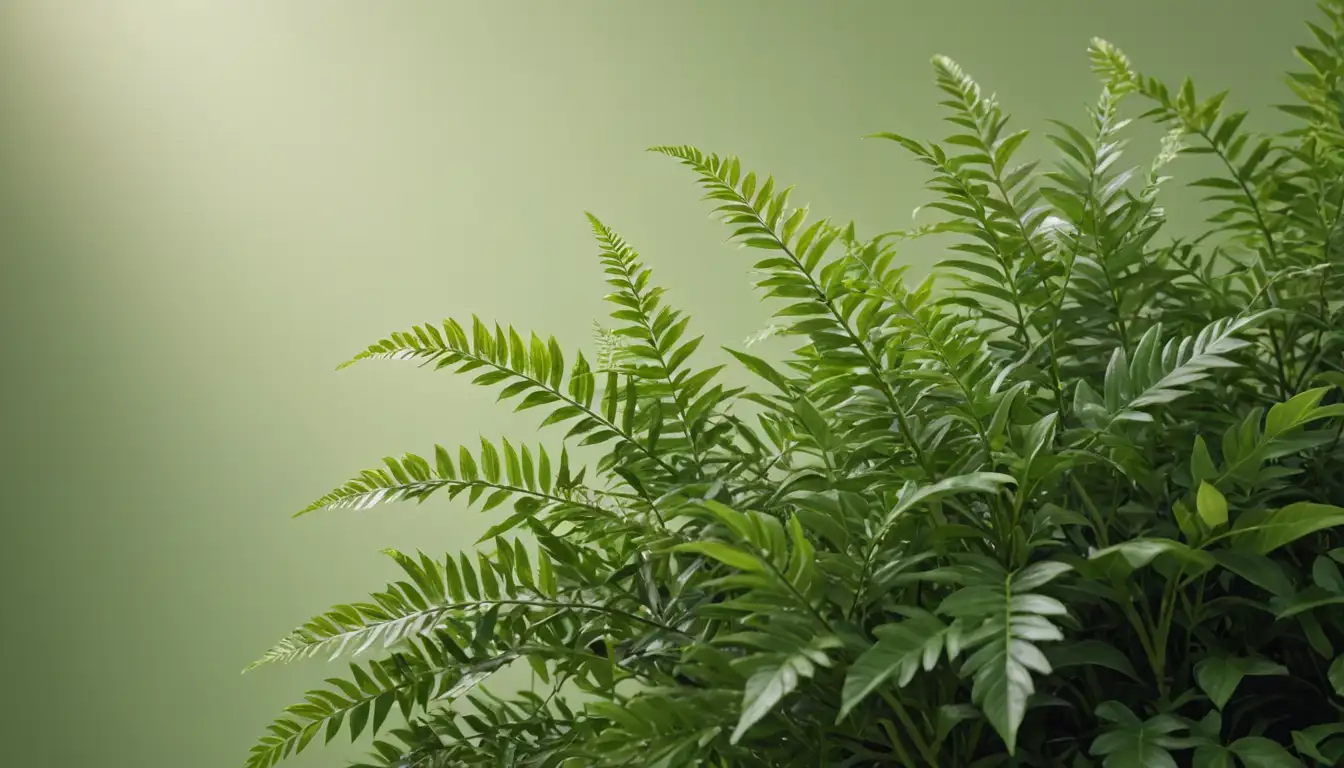 A lush, verdant plant with long, slender leaves, aromatic and citrusy in appearance, set against a bright green or yellowish-green background, with subtle texture and possibly some scattered small flowers or foliage, conveying a sense of freshness and vitality
