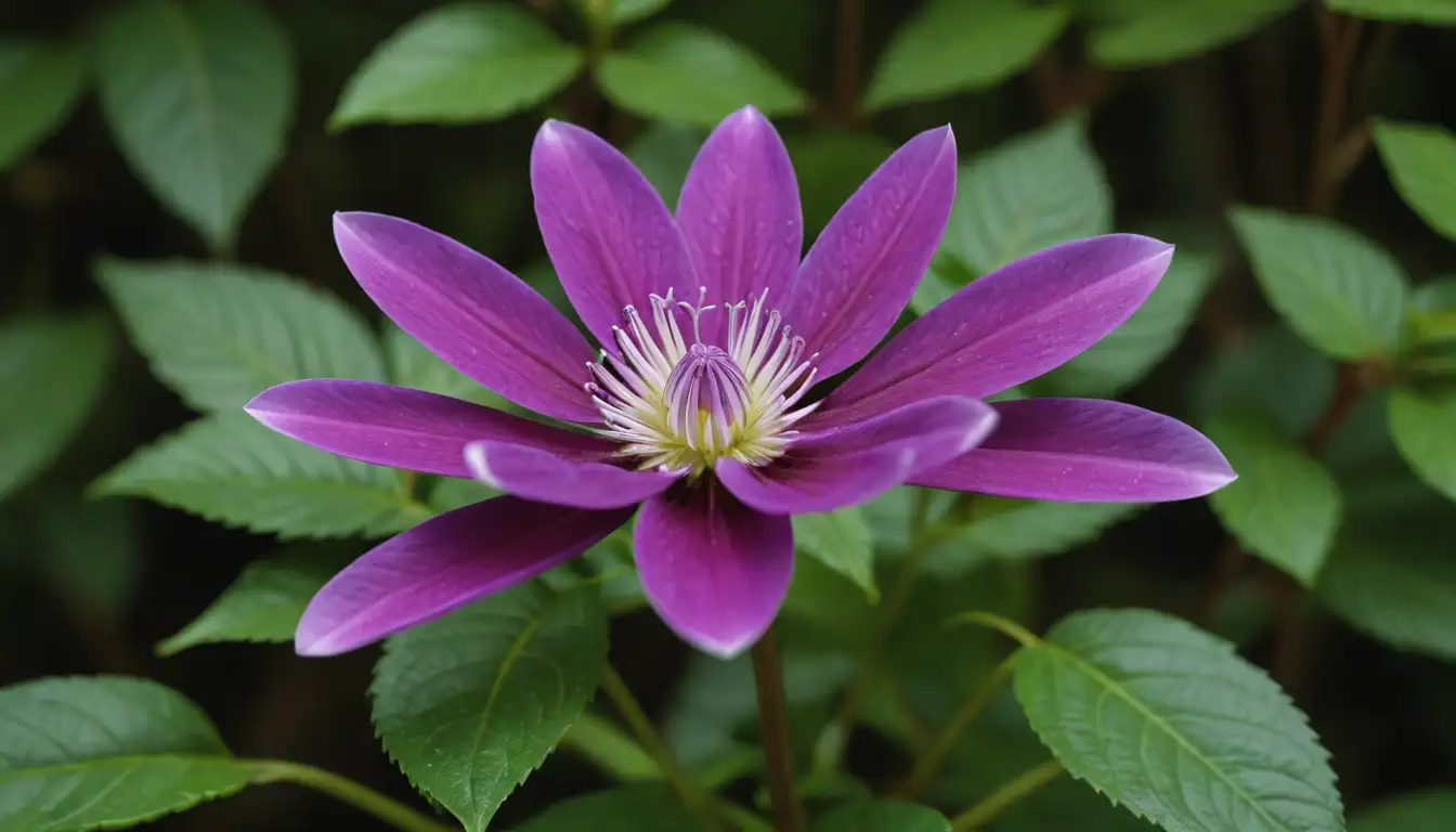 4-6 purple petals with white centers, curved over a central column, on a red stem, surrounded by green foliage, with multiple stalks arising from a compact base