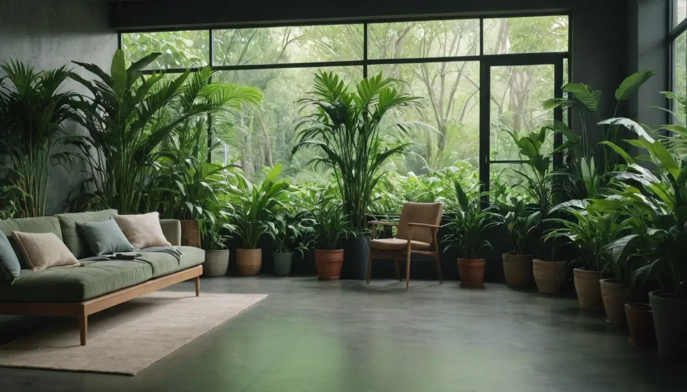 Greenery-filled interior space, lush green plants, varied foliage textures and colors, natural light pouring in, minimal furniture, modern decor style, calm atmosphere, inviting ambiance, fresh air flowing, serene environment