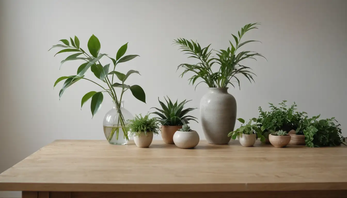5-7 plants with varying leaf shapes and sizes, surrounded by a natural setting, possibly a wooden table or stone floor, soft lighting, minimalist background, calming colors, simple vase arrangements, some greenery scattered around