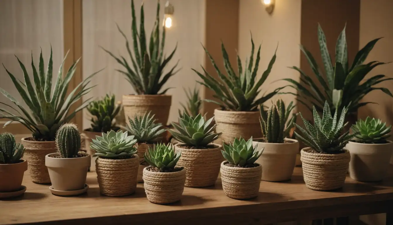 Low-maintenance plants, such as succulents, cacti, and dracaena, on a wooden table, surrounded by decorative pots, vintage planters, and natural textures like woven baskets and jute ropes, with soft warm lighting and neutral color palette