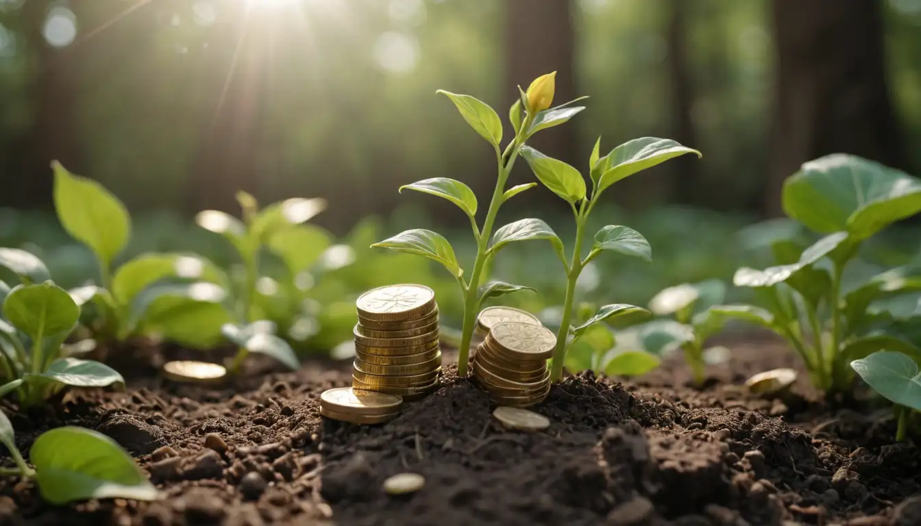 Golden coins, stacked or scattered, on a green leafy background with a subtle texture, possibly resembling a plant stem or vines; a few flowers or sprouts emerging from the soil below, with gentle sunlight or soft focus to suggest growth and prosperity