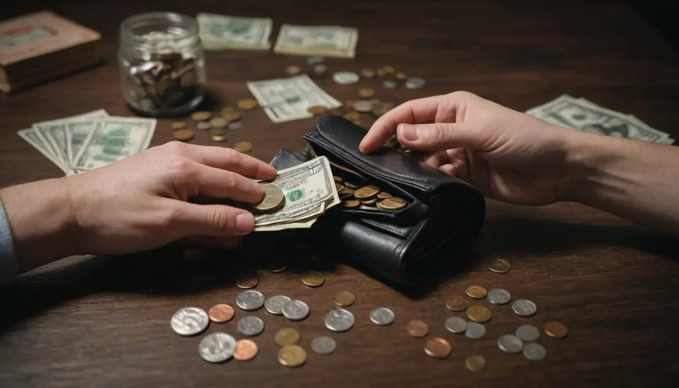2 hands holding coins in a wallet, piggy bank with coins overflowing, stacks of cash on table, person counting money, coins spilling out of jar, wallet bursting with bills, and a few coins scattered around