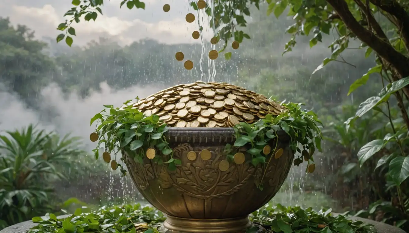 Golden coins pouring in from all sides, overflowing into a large vase or fountain, surrounded by lush green leaves and vines, with a subtle background of clouds or mist, featuring a mix of denominations like dollars, euros, yen, etc, conveying abundance and prosperity