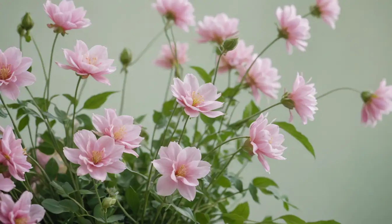 Delicate petals, vibrant colors, intertwined stems, gentle curves, soft light, lush greenery, whimsical shapes, playful arrangement, romantic atmosphere, pastel hues, gentle movement, soft focus, floral patterns