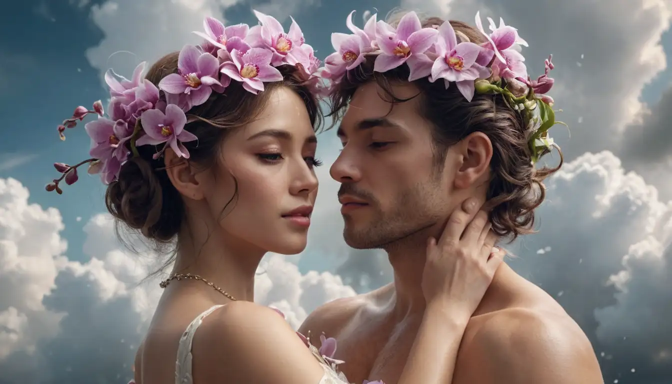 3D illustration of a man and woman embracing, with orchids intertwined in their hair or as a floral crown, amidst swirling clouds or wispy tendrils, conveying romantic love, innocence, and devotion