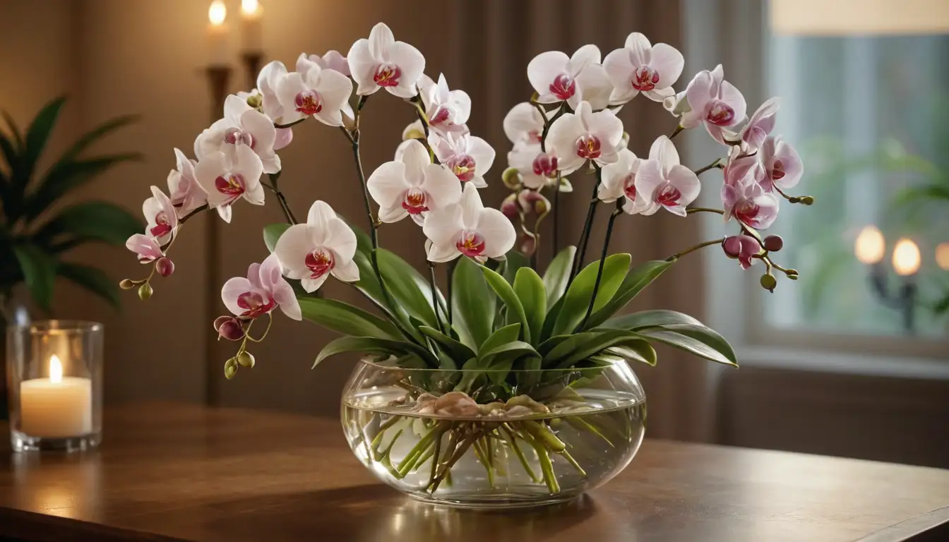 3D orchid arrangement, delicate petals, varied flower shapes, bright colors, romantic candlelight, elegant glass vase, lush greenery, intimate setting, soft focus, warm glow
