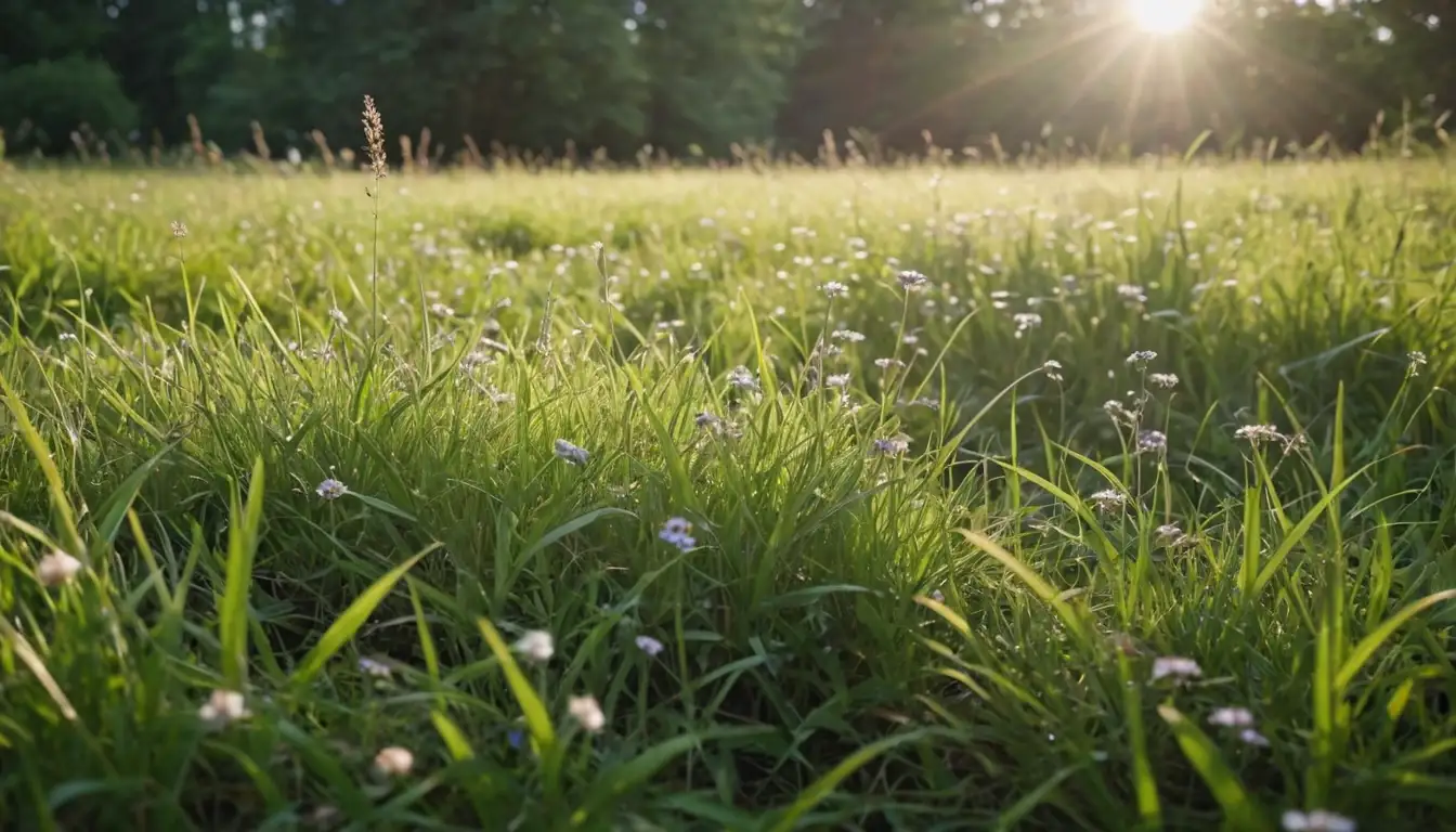 A lush meadow, sunlit grass, sprawling stems, delicate leaves, tiny flowers, natural environment